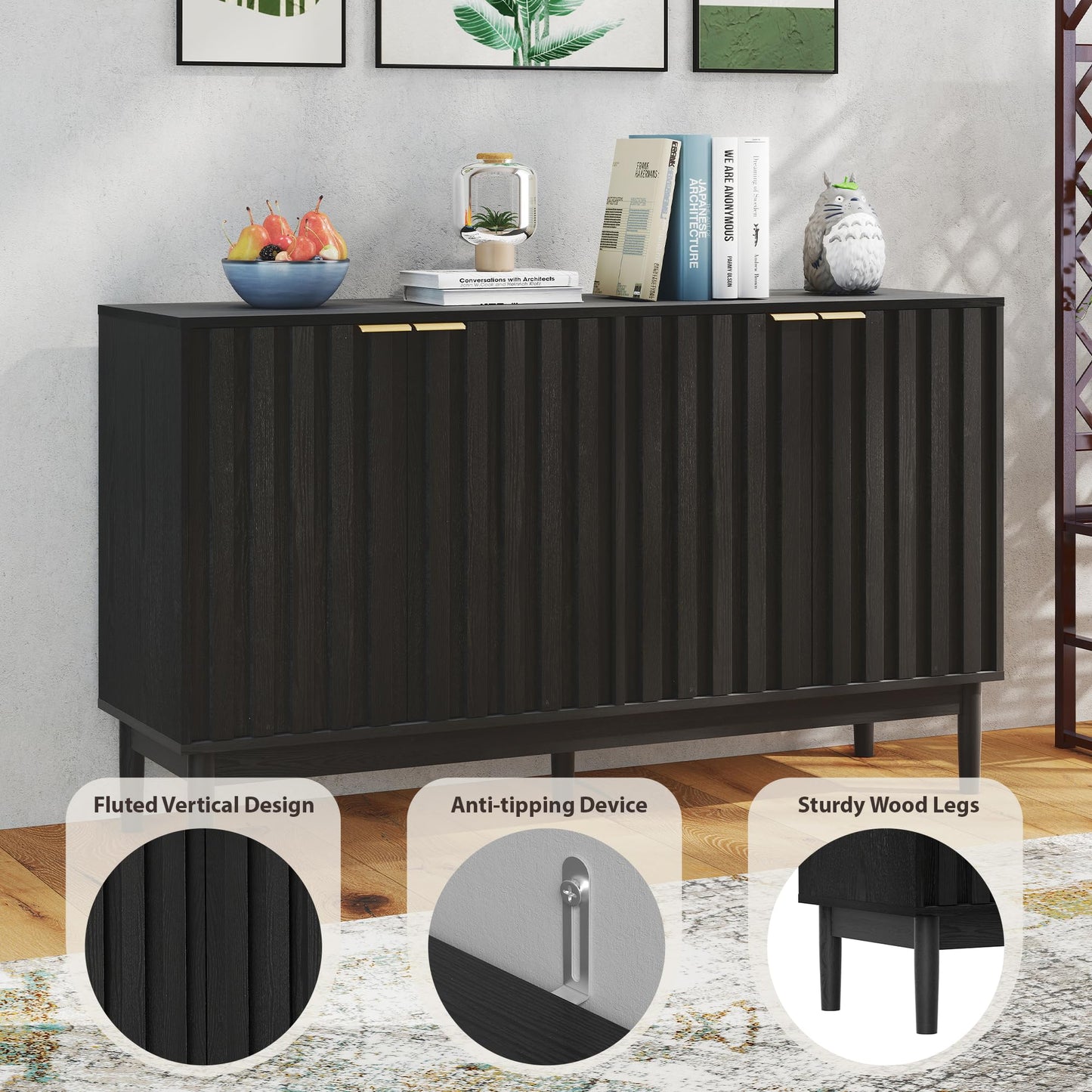 Small Fluted Buffet Cabinet with Door and Adjustable Shelves, Modern Sideboard Storage for Kitchen, Living Room, or Hallway, Black