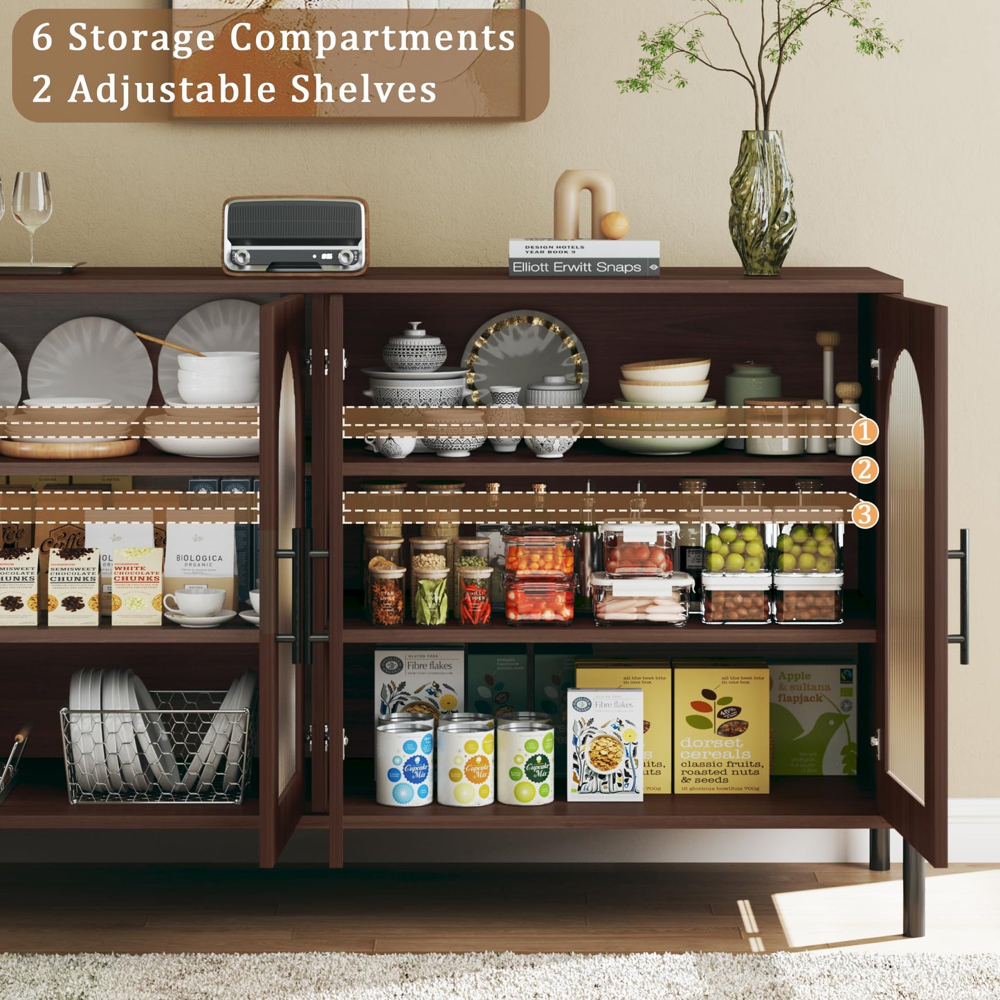 55" Modern Sideboard Buffet Cabinet with 4 Fluted Acrylic Doors and Adjustable Shelves, Wood Console Table for Living Room or Kitchen, Dark Walnut