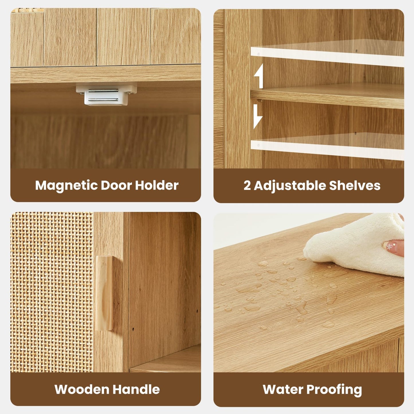 Rattan Storage Cabinet with 4 Adjustable Shelves, Coffee Bar Sideboard Buffet for Kitchen, Living Room, or Entryway, Natural