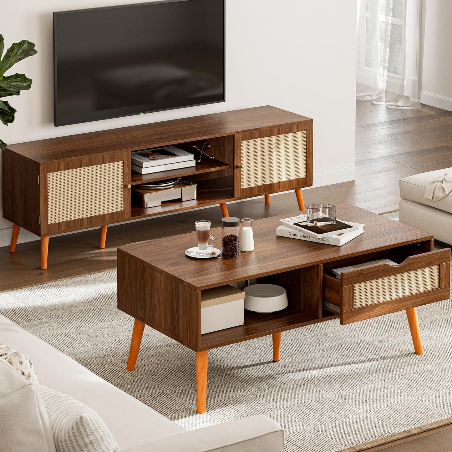 Boho Coffee Table with Rattan Drawer and Solid Wood Legs, Small Living Room Table with Storage, Walnut