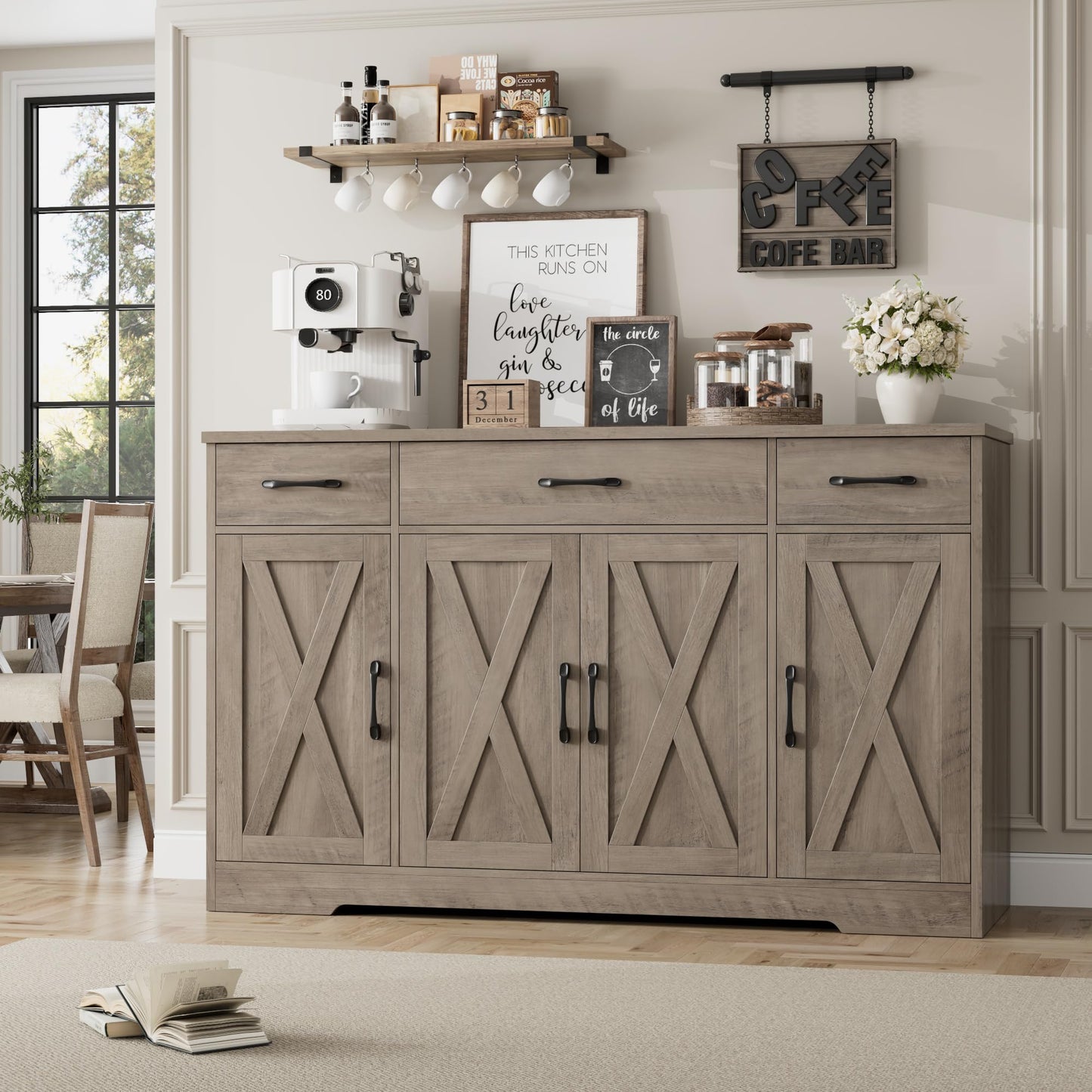 55" Large Buffet Sideboard Cabinet with Drawers, Shelves, and Doors, Modern Farmhouse Coffee Bar Station for Kitchen or Dining Room, Ash Grey