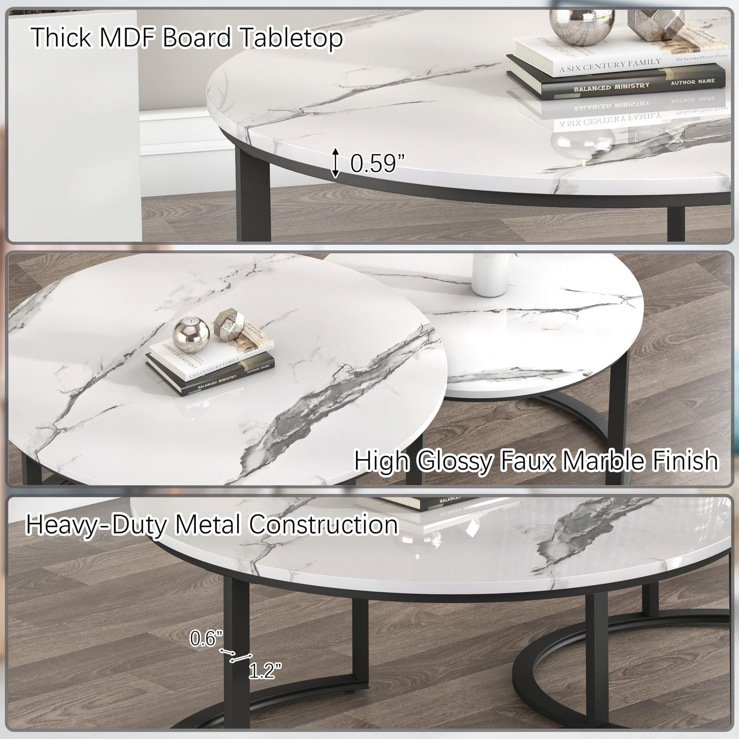 WiberWi Round Nesting Coffee Tables Set of 2 – Large Ø33.5", Small Ø25.7", Modern Metal Frame Circle Tables with High Gloss Faux White Marble Top for Living Room