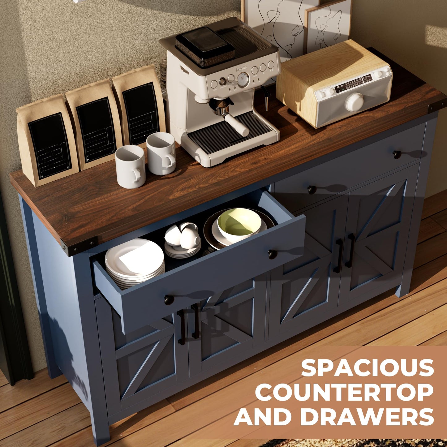 Farmhouse Buffet Cabinet with Storage, 55" Large Sideboard with 4 Doors & 2 Drawers, Blue Wood Coffee Bar Cabinet for Kitchen, Dining Room & Living Room