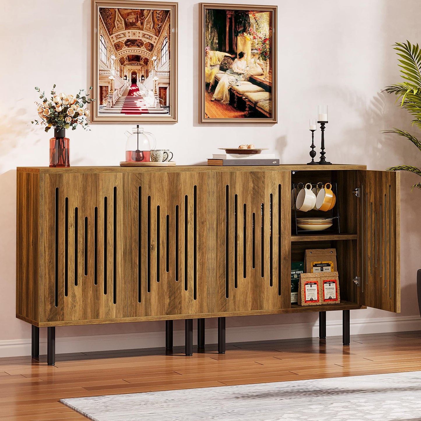 Tribesigns Set of 2 Buffet Sideboard Cabinets with Storage, 59" Long Sideboards with Adjustable Shelves, Modern Accent Storage Cabinets for Living Room, Rustic Brown