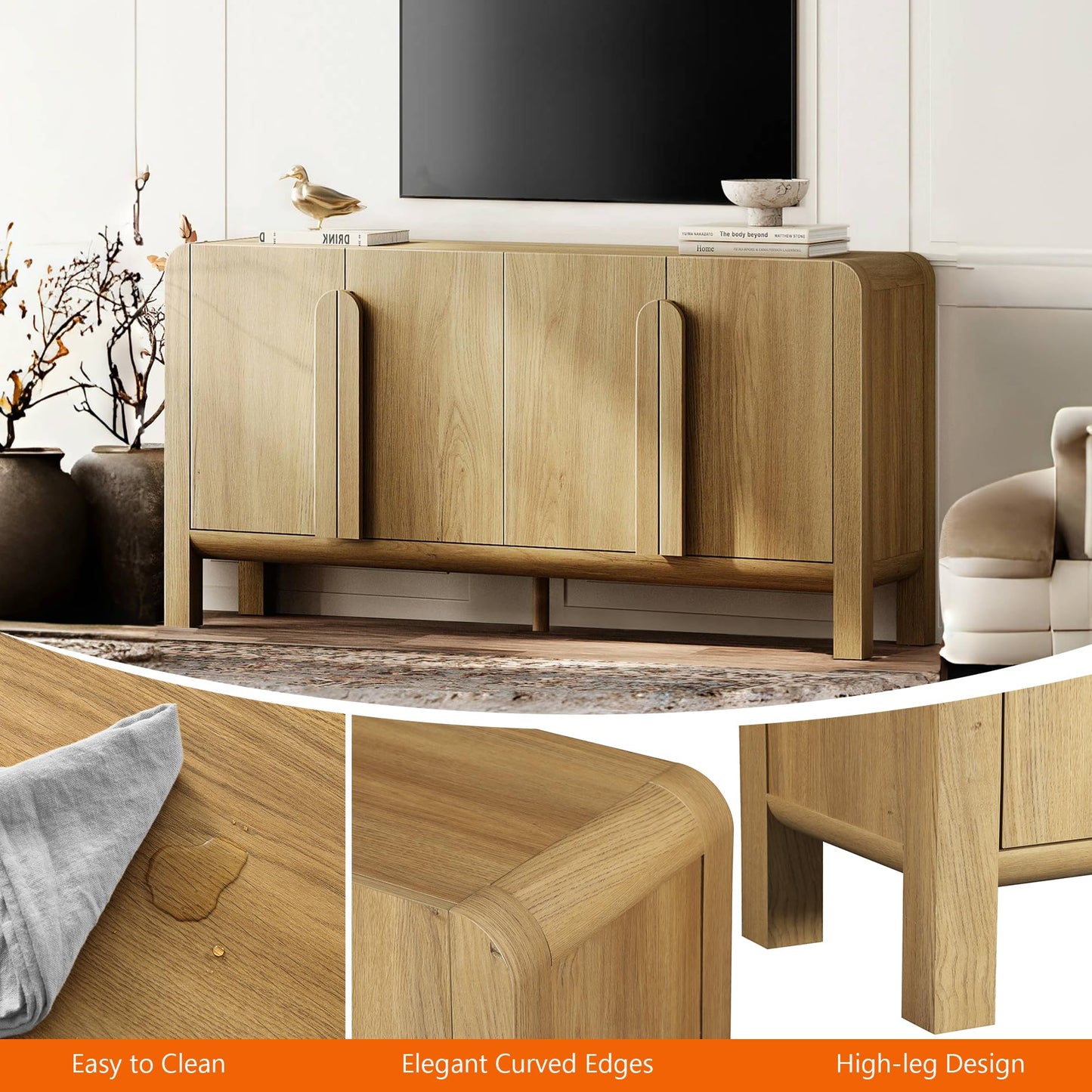 63" Large Curved Buffet Sideboard Cabinet with 4 Doors, Modern Coffee Bar and Wine Bar Storage for Dining Room, Living Room, or Kitchen, Light Walnut