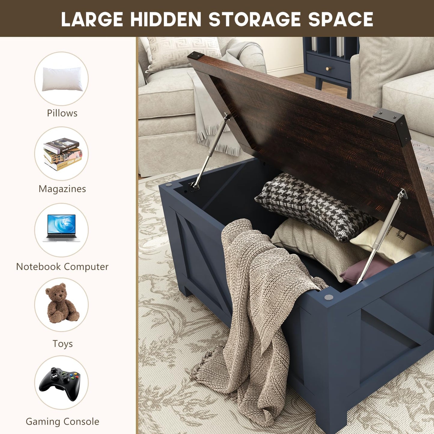 Farmhouse Lift Top Coffee Table with Storage and Charging Station – Blue Wood Square Center Table with USB Ports, Hidden Compartment, and Spacious Storage for Living Room, Bedroom, or Home Office