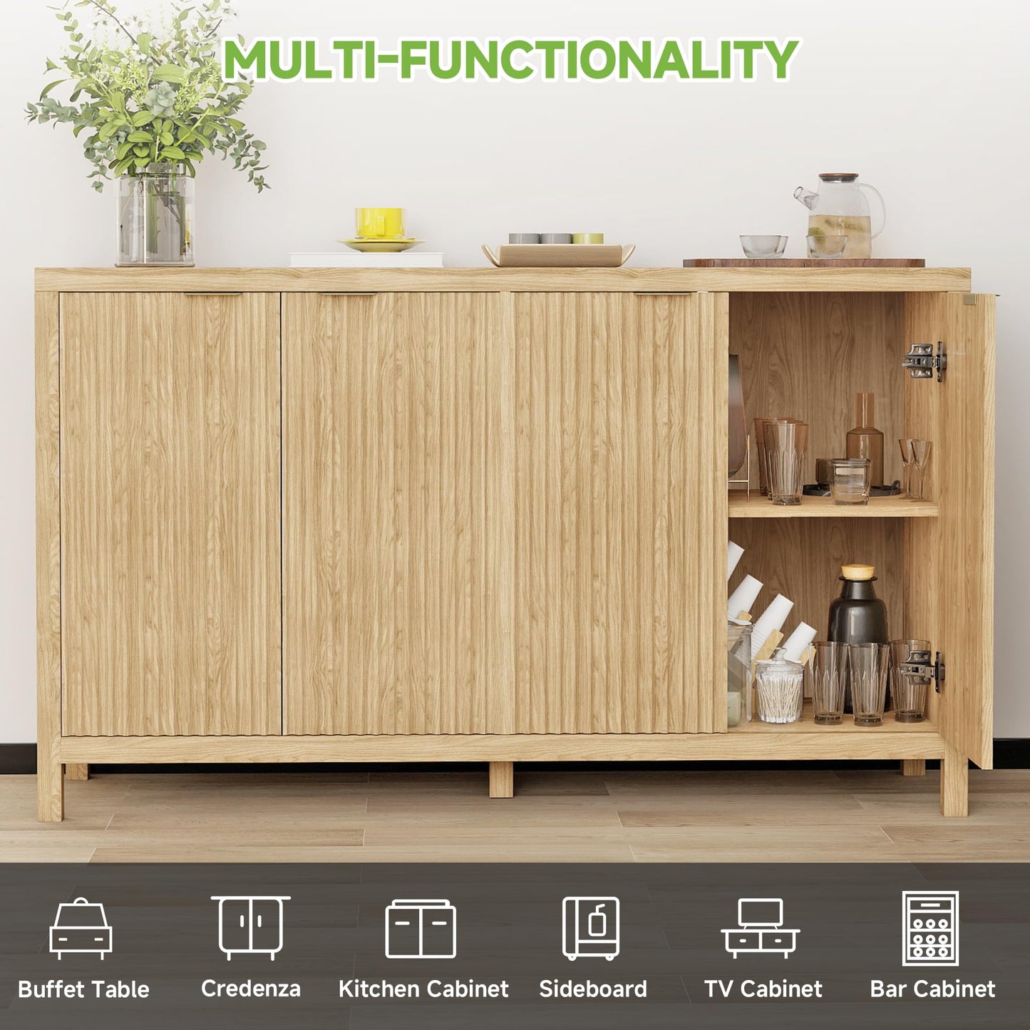 Real Relax Fluted Sideboard Buffet Cabinet with Storage, Modern 55" Credenza with 4 Doors, Adjustable Shelves, Large Coffee Bar Table for Dining Room, Kitchen, Living Room, Natural Oak