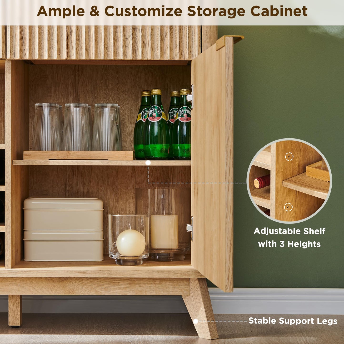 60" Fluted Buffet Cabinet with 3 Drawers and 2 Doors, Modern Wine and Coffee Bar Sideboard with Wine and Glass Racks, Adjustable Shelves for Kitchen or Dining, Natural Oak