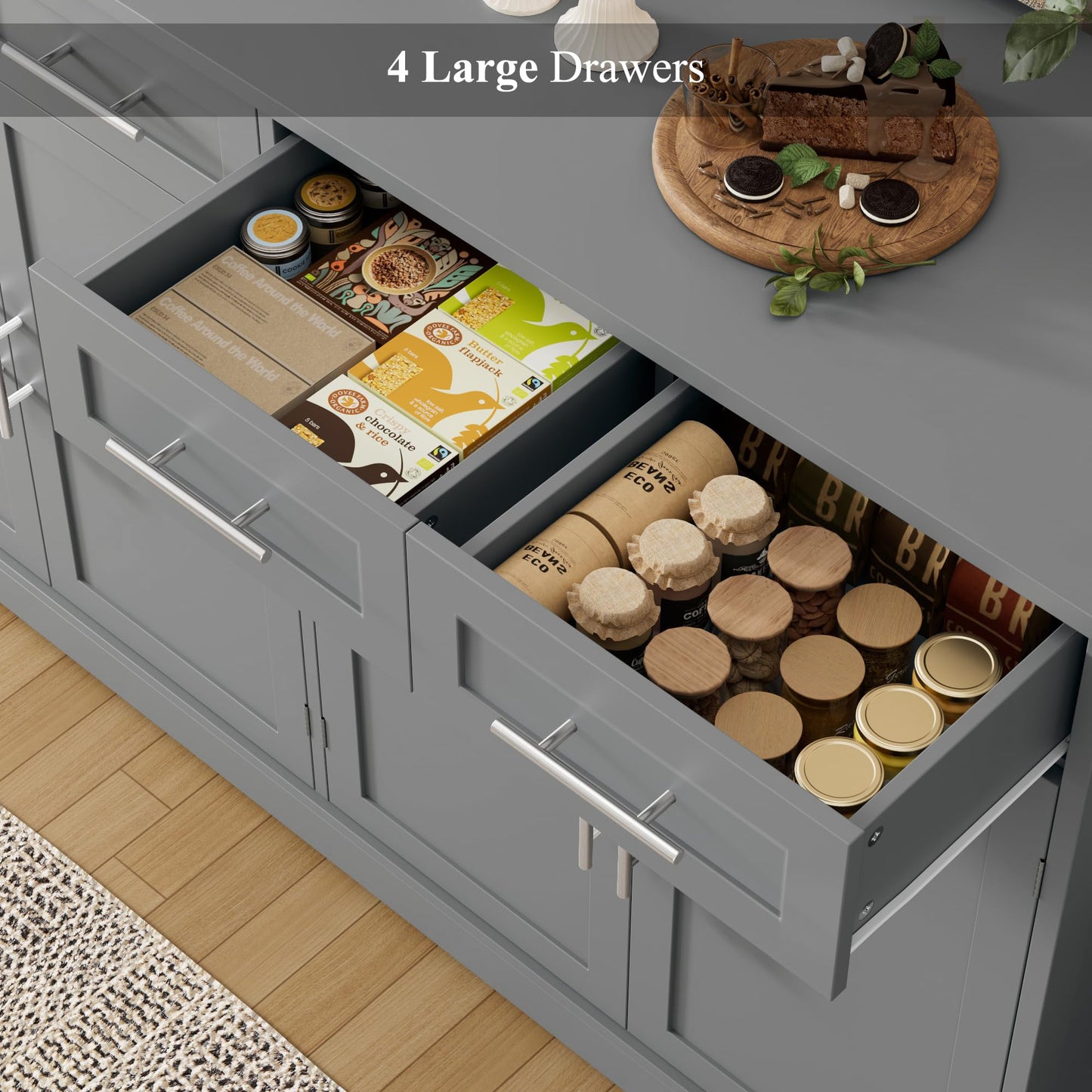 60" Large Buffet Sideboard with 4 Drawers and Storage, 36" Tall Modern Kitchen Cabinet with Gold Handles, Grey