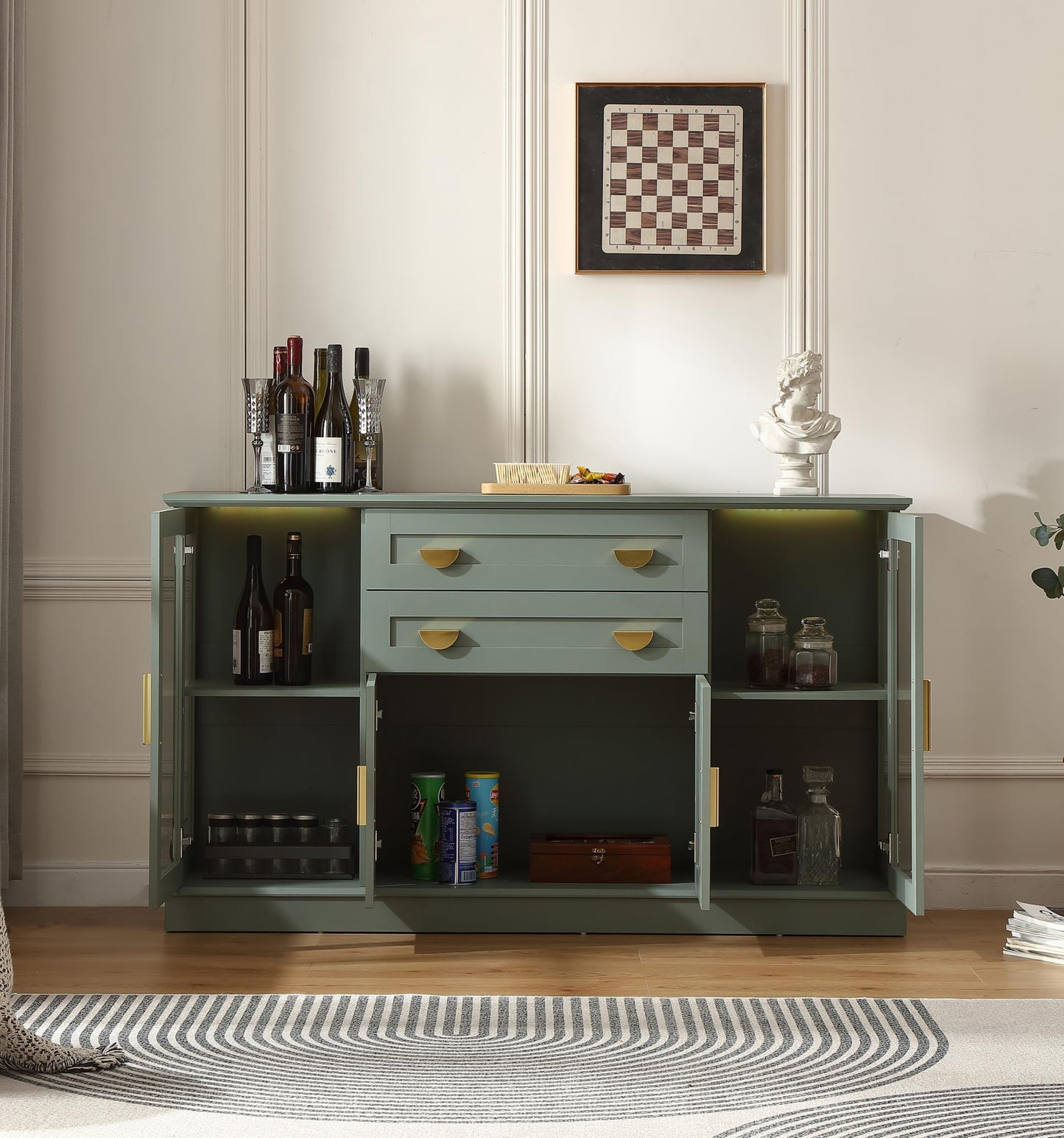 **58.27'' Buffet Cabinet with 2 Drawers and Adjustable Shelves, Large Glass Door Coffee Bar Cabinet, Modern Farmhouse Sideboard Credenza for Kitchen, Dining Room, Green**