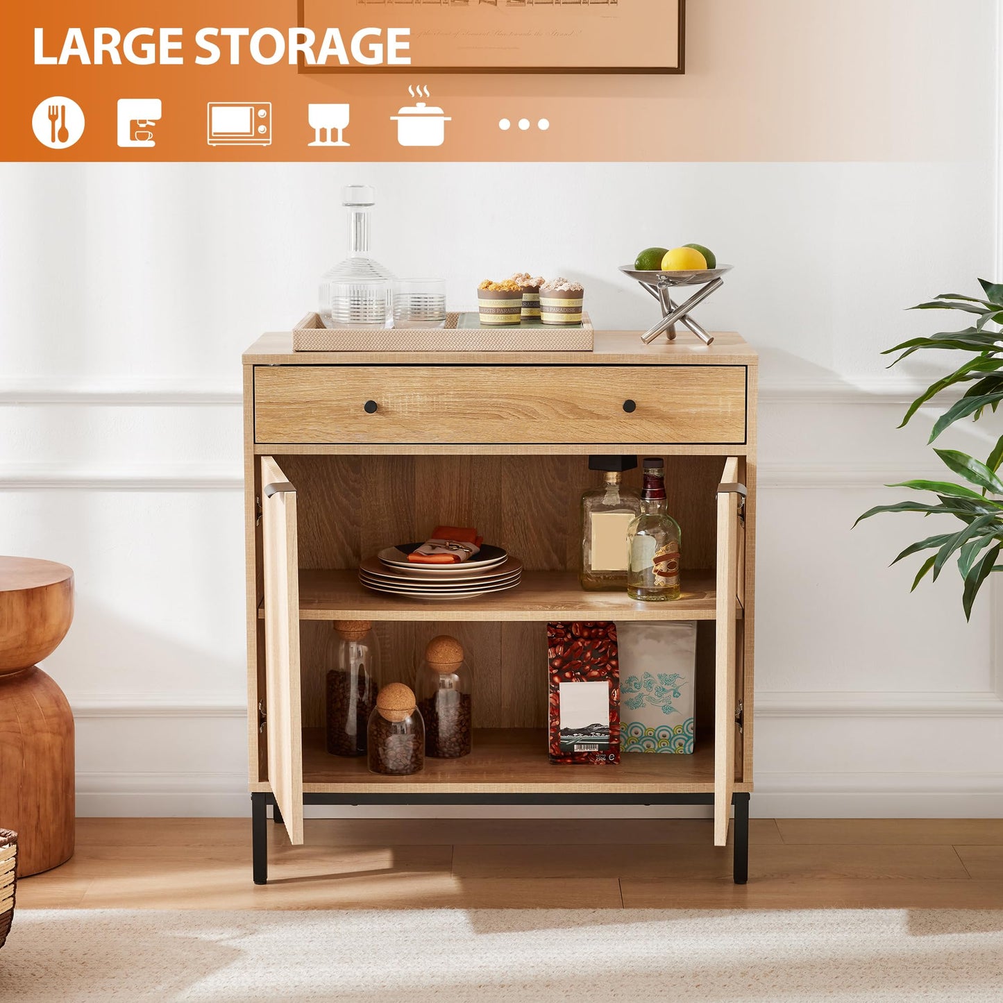 **Farmhouse Sideboard Buffet Cabinet with Drawer, Coffee Bar Station Table, Kitchen Storage Cabinet with Doors and Adjustable Shelves, Modern Wood Cupboard for Dining Room, Living Room, and Entryway**