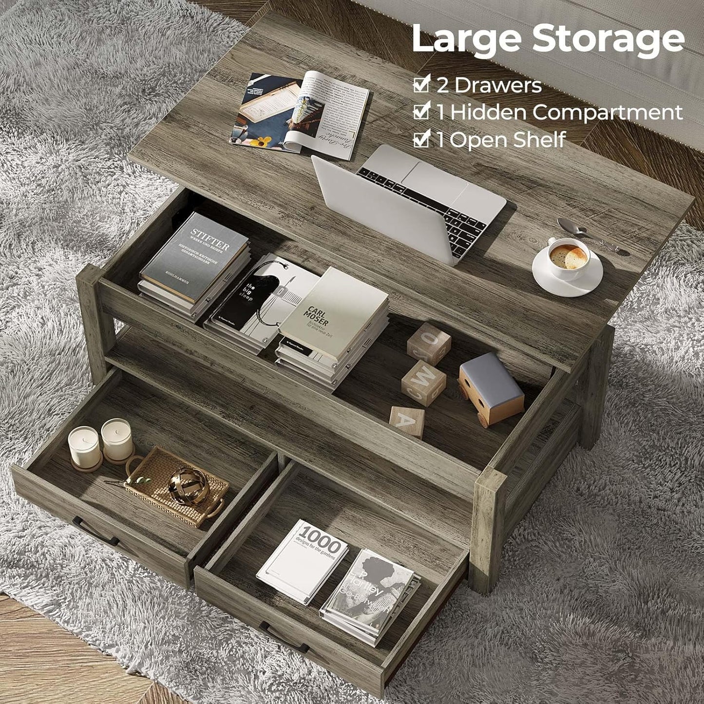 Rolanstar 47.2" Lift Top Coffee Table with Drawers & Hidden Compartment – Retro Wooden Central Table with Adjustable Lift Tabletop for Living Room, Washed Oak