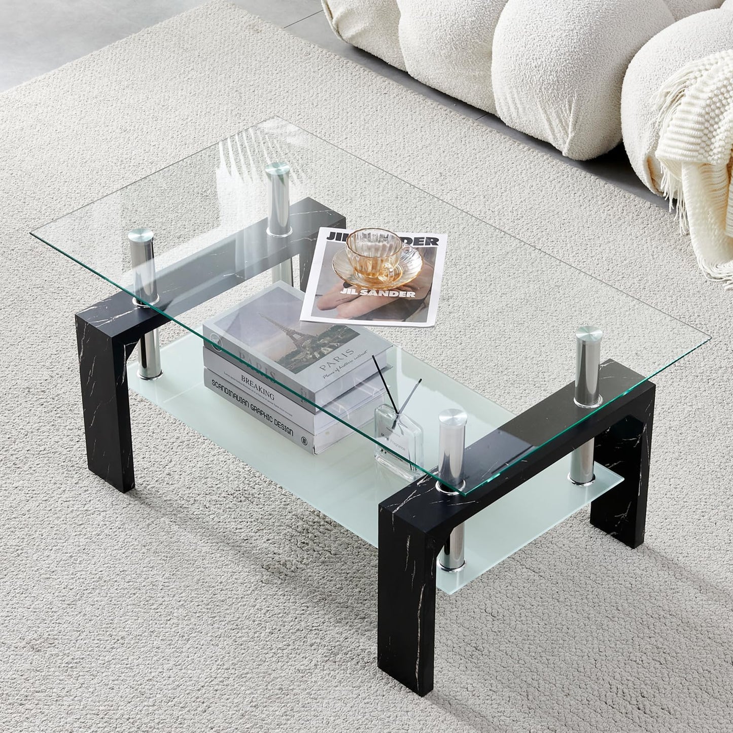 Modern Rectangle Coffee Table for Living Room, Black Marble Glass Tea Table with Wooden Legs & Lower Storage Shelf, Stylish Center Table for Home, Office, or Waiting Room