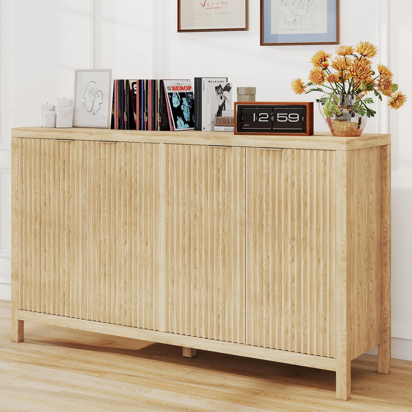 Real Relax Fluted Sideboard Buffet Cabinet with Storage, Modern 55" Credenza with 4 Doors, Adjustable Shelves, Large Coffee Bar Table for Dining Room, Kitchen, Living Room, Natural Oak