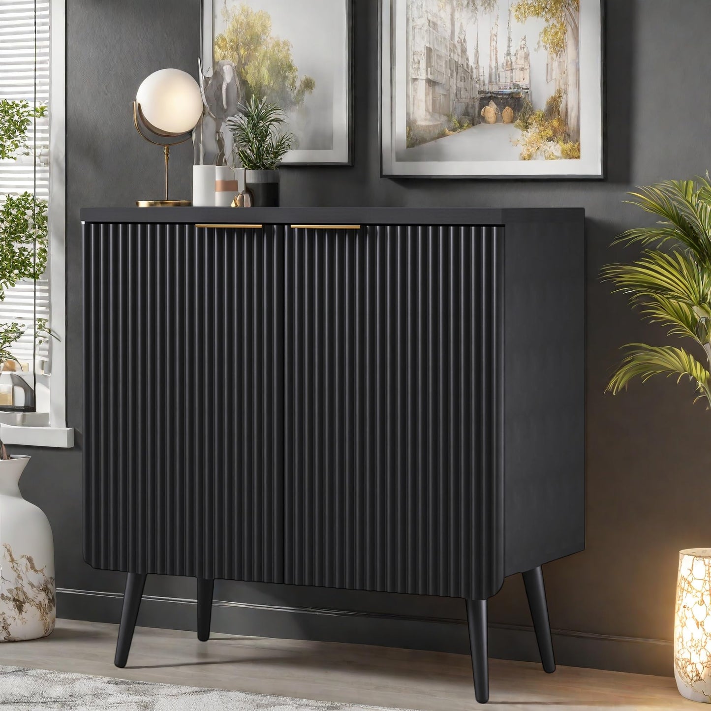 Fluted Buffet Cabinet with Doors and Shelves, Modern Wood Sideboard Coffee Bar Storage for Kitchen, Dining, and Living Room, Black