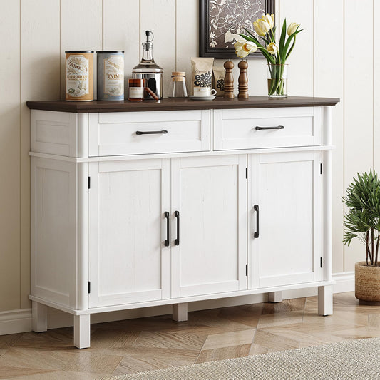 48" Farmhouse Buffet Sideboard Cabinet with 2 Drawers and 3 Doors, Wood Coffee Bar Cabinet with Adjustable Shelves for Kitchen or Living Room, Off White