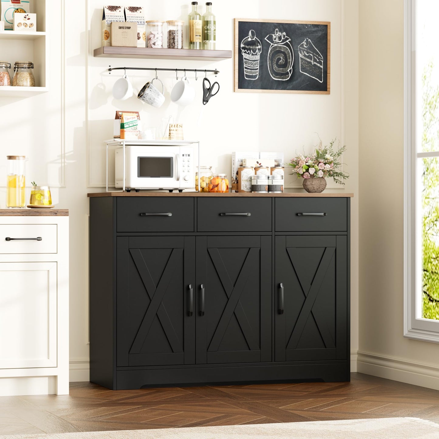 **HOSTACK Modern Farmhouse Buffet Sideboard Cabinet with Barn Doors, Drawers, and Shelves, Wood Coffee Bar Storage Cabinet for Dining Room, Kitchen, or Living Room, Ash Grey**