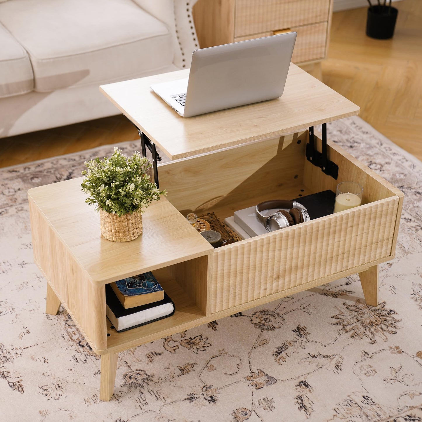LYNCOHOME Fluted Lift Top Coffee Table with Hidden Compartment – Modern Center Table for Living Room or Home Office, Natural Finish