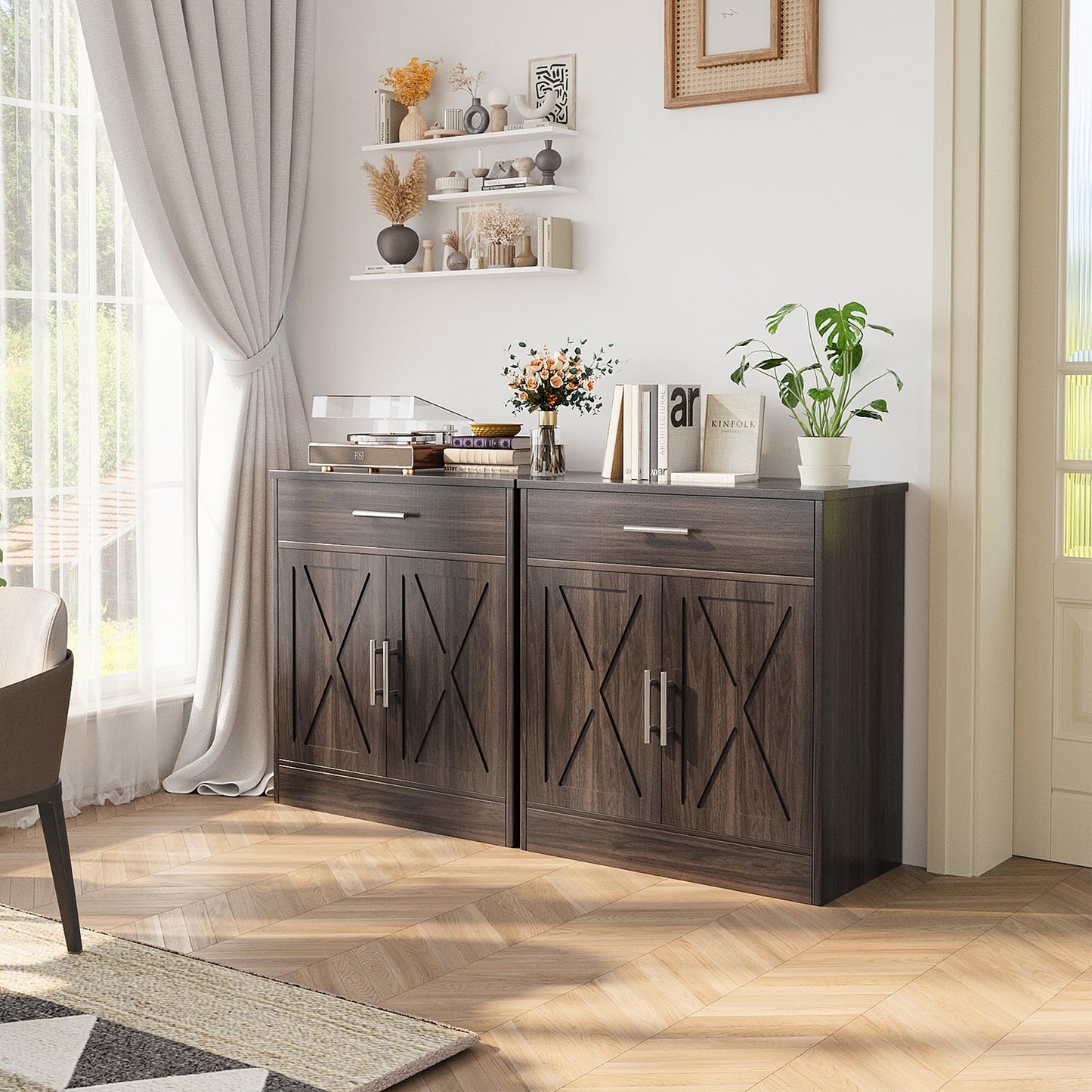 **Shintenchi Farmhouse Storage Cabinet with Doors, Shelves, and Drawers, Kitchen Barn Door Coffee Bar Sideboard for Dining Room, Living Room, Bathroom, or Entryway, Dark Brown**