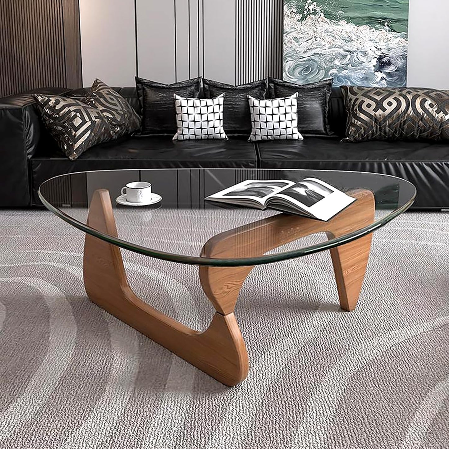 Modern Glass Coffee Table for Living Room, Small Mid-Century Coffee Table with Walnut Base and Transparent Glass Top, Stylish Center Table for Bedroom, Reception, or Office – Medium Size