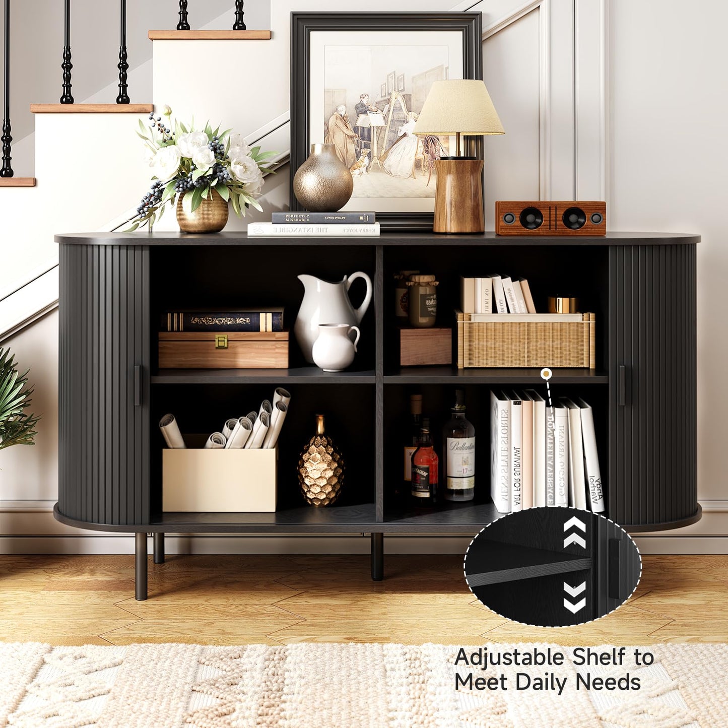 **55" Sideboard Buffet Cabinet with Storage, Sliding Door & Adjustable Shelf, Modern Accent Coffee Bar Console Table for Kitchen or Entryway, Black**
