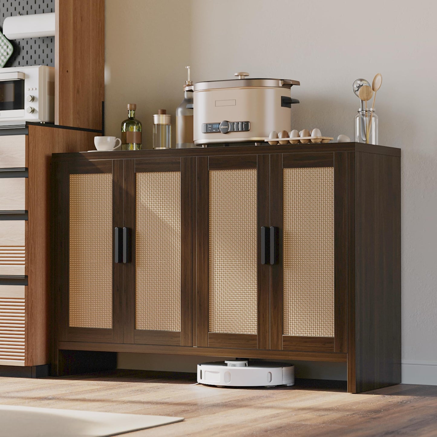 **Rattan Buffet Cabinet with Storage, Sideboard with Doors and Adjustable Shelves, Farmhouse Coffee Bar Station, Modern