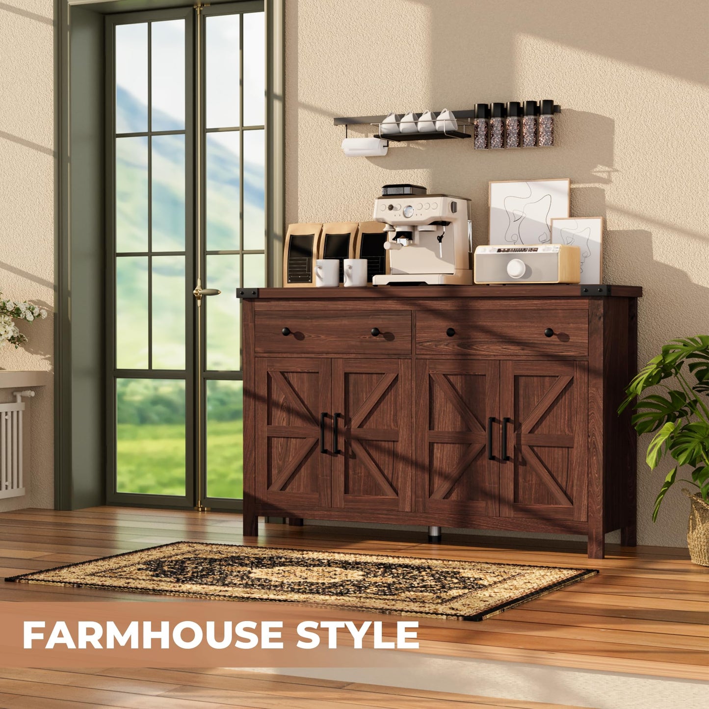 55'' Farmhouse Buffet Cabinet with Storage, Cherry Wood Sideboard Coffee Bar Cabinet with 4 Doors & 2 Drawers, Large Kitchen Storage Cabinet for Dining Room & Living Room