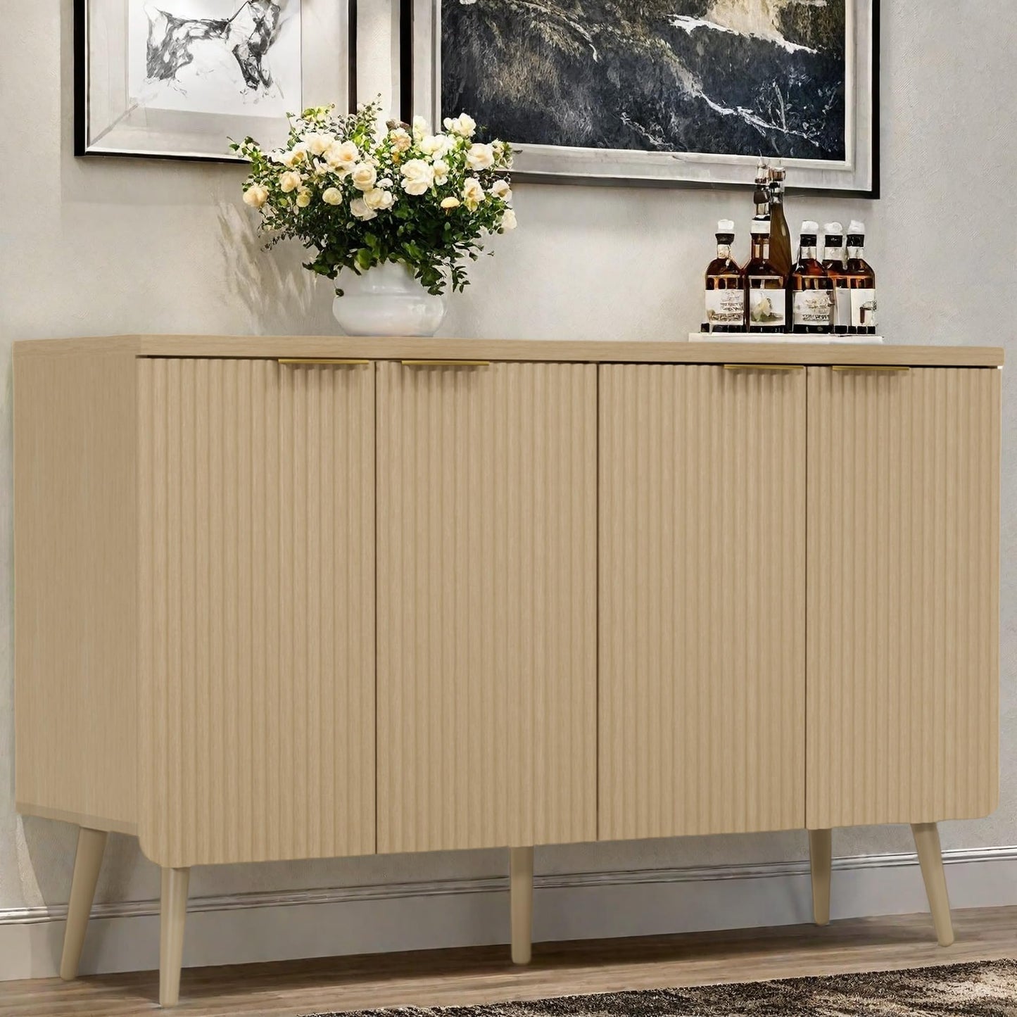 Fluted Buffet Cabinet with Doors and Shelves, Modern Wood Sideboard Coffee Bar Storage for Kitchen, Dining, and Living Room, Natural Oak
