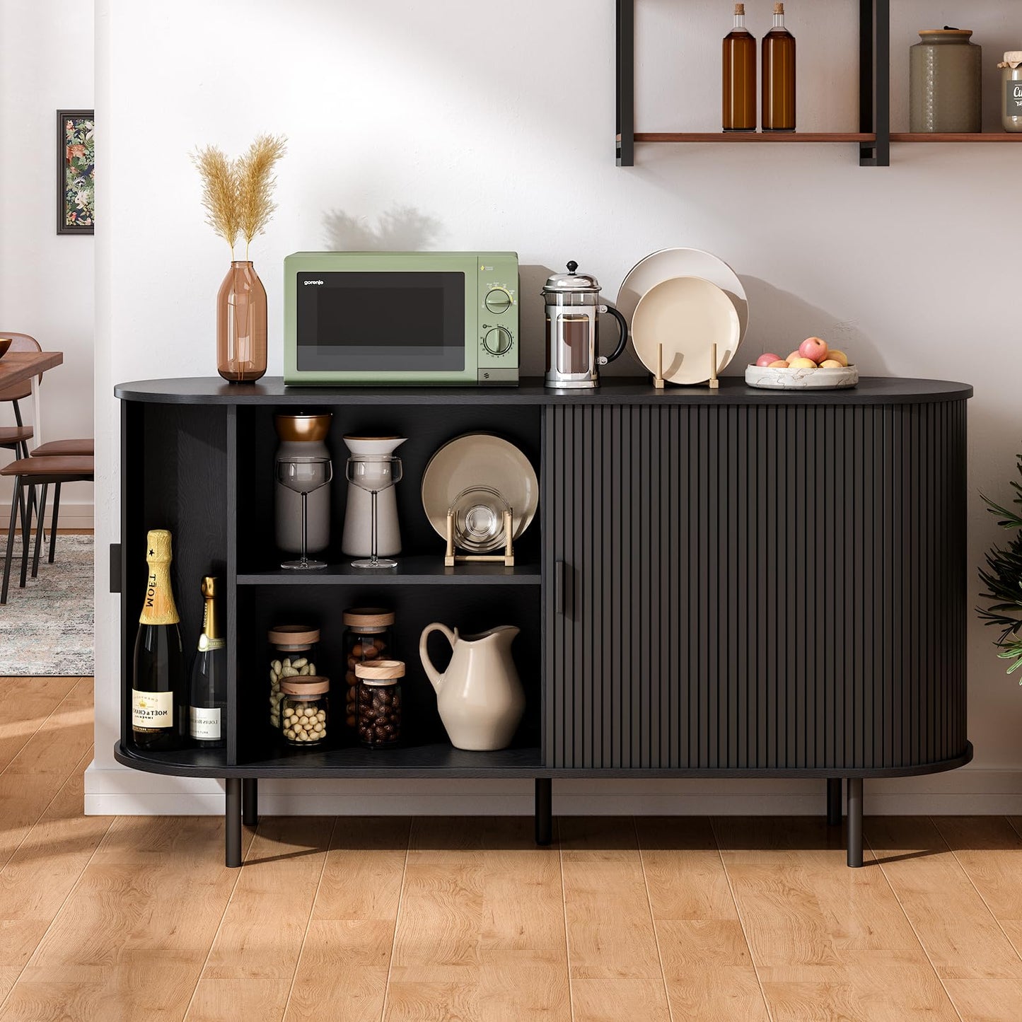 **55" Sideboard Buffet Cabinet with Storage, Sliding Door & Adjustable Shelf, Modern Accent Coffee Bar Console Table for Kitchen or Entryway, Black**