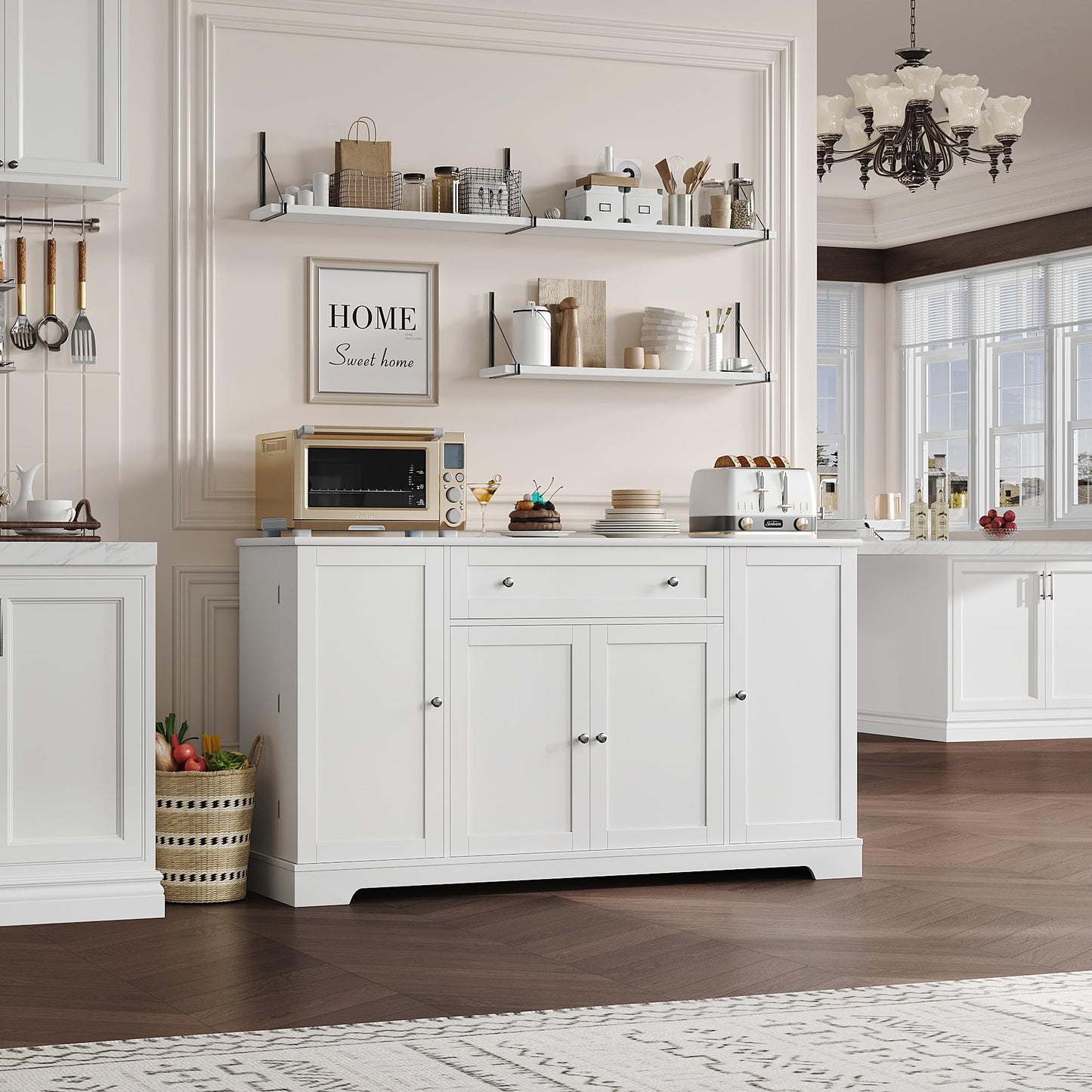 **HITHOS 54" Modern Buffet Cabinet with Storage, White Kitchen Sideboard with Drawer, Wood Coffee Bar Station with Adjustable Shelves for Living Room**