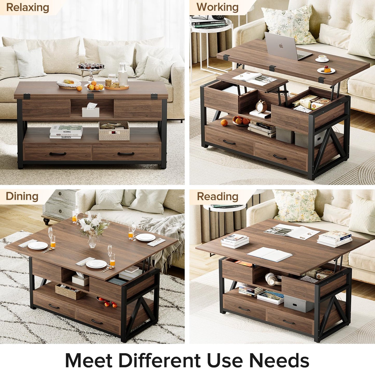 40" Lift Top Coffee Table, 4-in-1 Multi-Functional Farmhouse Coffee Table with Storage Drawers & Hidden Compartment, Lift Tabletop Center Table for Living Room, Walnut
