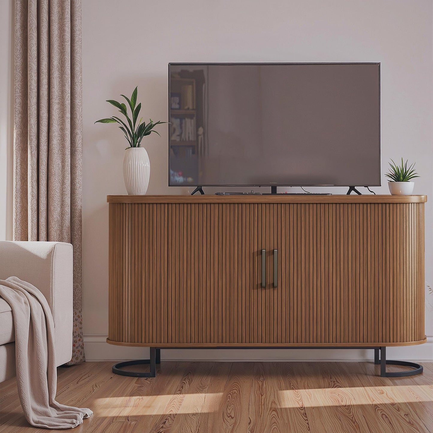 **54.3" Sideboard Buffet Cabinet with Storage, Sliding Door & Adjustable Shelf, Mid-Century Modern Coffee Bar Console Table for Kitchen and Entryway, Walnut**