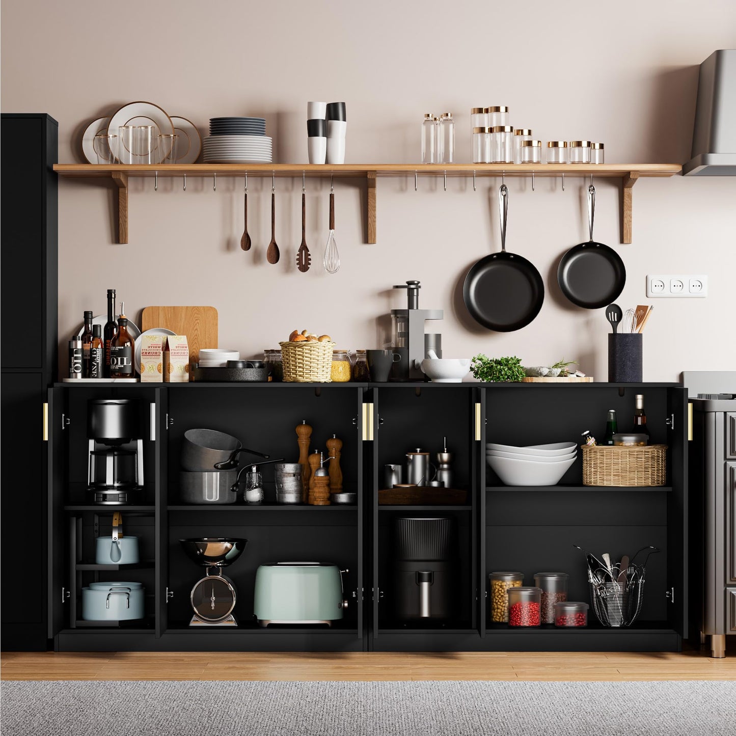 Buffet Cabinet with Doors and Shelves, 35.4" Tall Wood Sideboard Console Table for Kitchen, Living Room, Entryway, or Hallway, Black