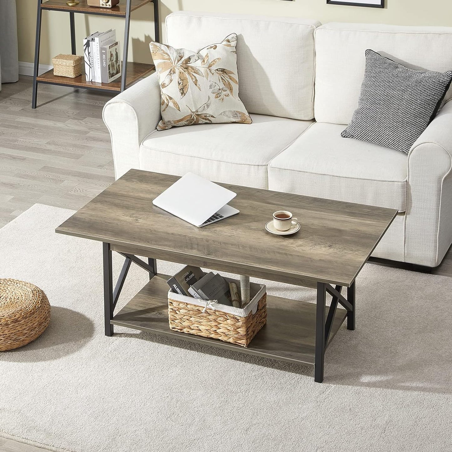 GreenForest 39" Modern 2-Tier Coffee Table – Grey Wash X-Frame Farmhouse Table with Storage, Space-Saving Small Center Table for Living Room