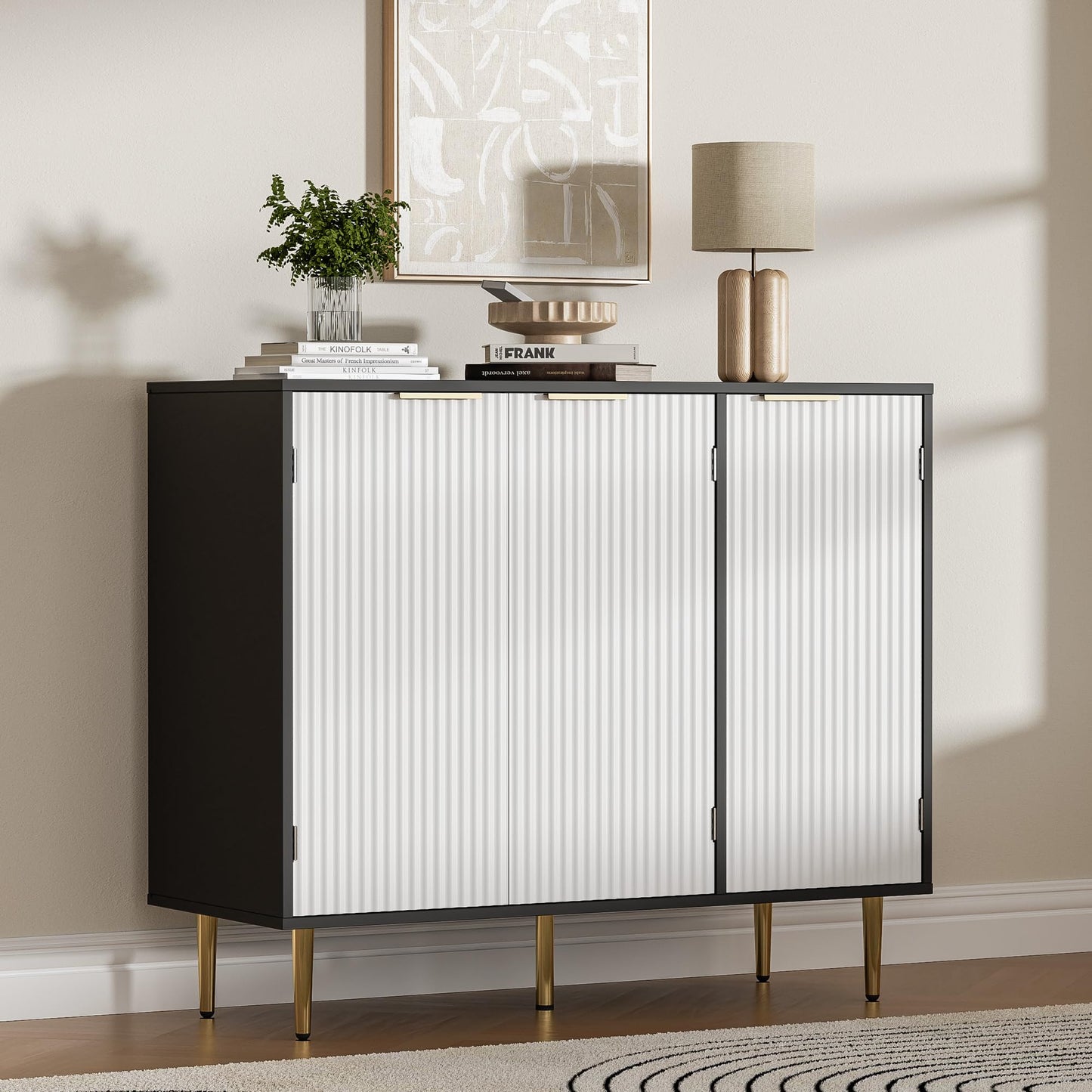 Fluted Sideboard Buffet with 3 Doors and Adjustable Shelves, Modern Kitchen Storage Cabinet with Gold Handles, Coffee Bar for Living Room or Kitchen, Black and White
