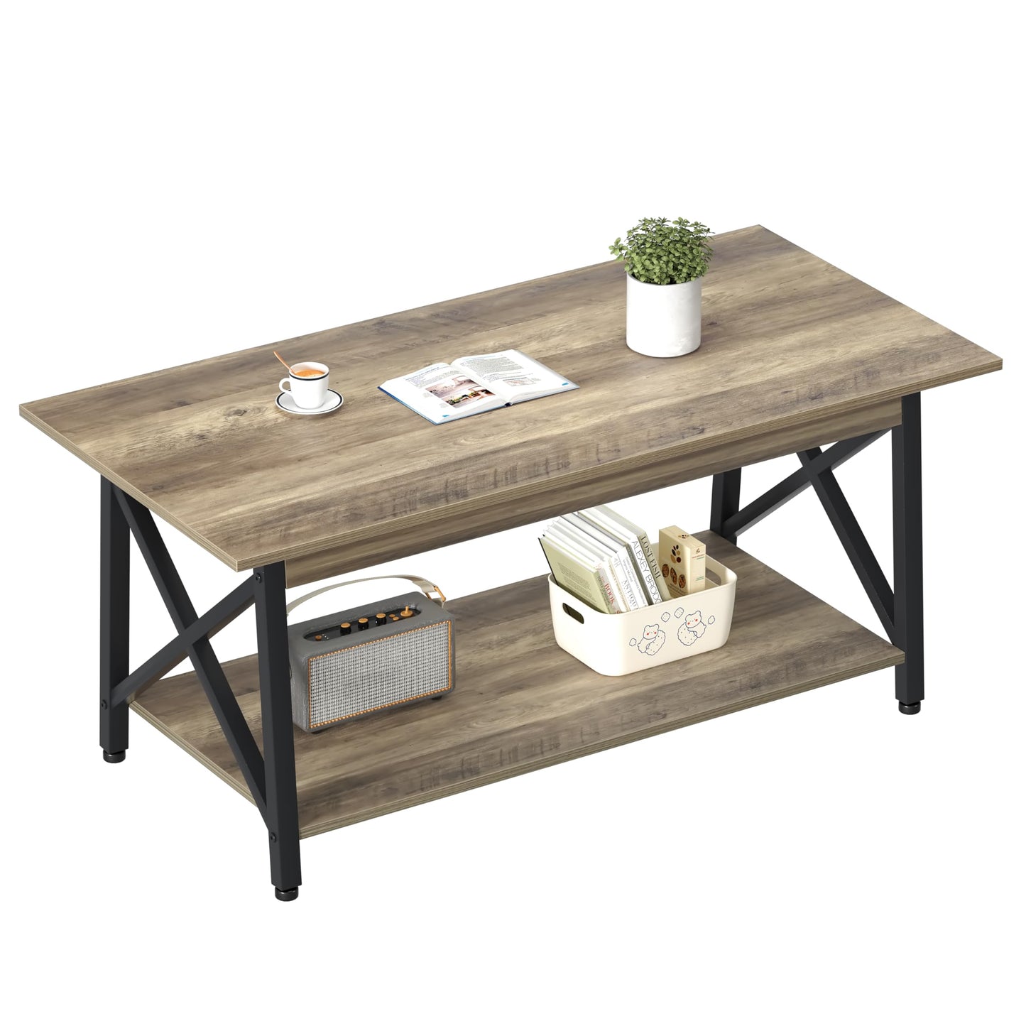 GreenForest 43" Large Modern Coffee Table – Grey Wash X-Frame Farmhouse Table with Storage, Space-Saving Center Table for Living Room, Easy Assembly