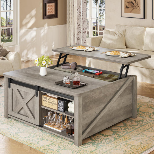 SEDETA 31.5" Lift Top Square Coffee Table with Storage – Farmhouse Living Room Table featuring Large Hidden Compartment, Adjustable Shelves & Modern Grey Finish