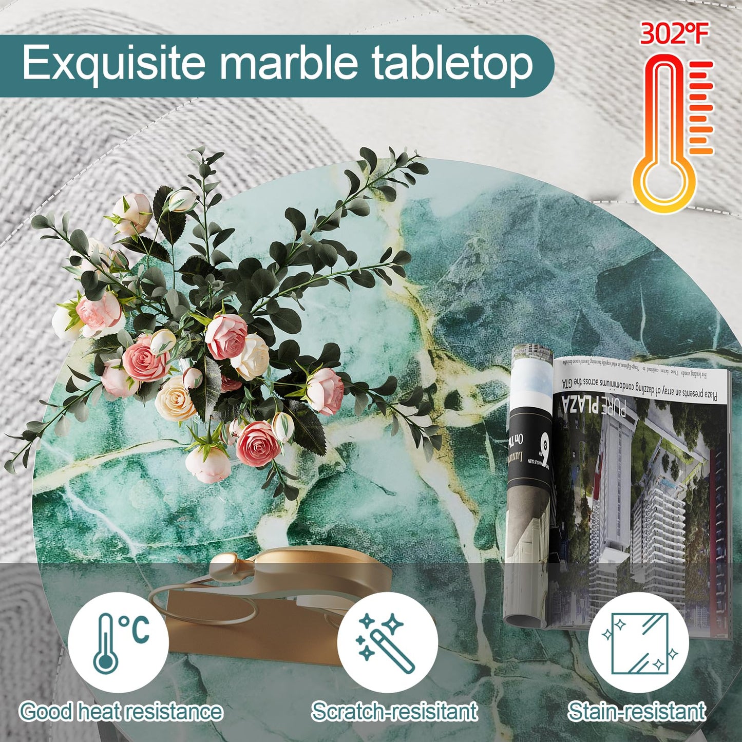 Nesting Coffee Table Set of 2, Round Green Art Top Tables with Sturdy Metal Frame for Living Room or Bedroom, Modern Industrial Style