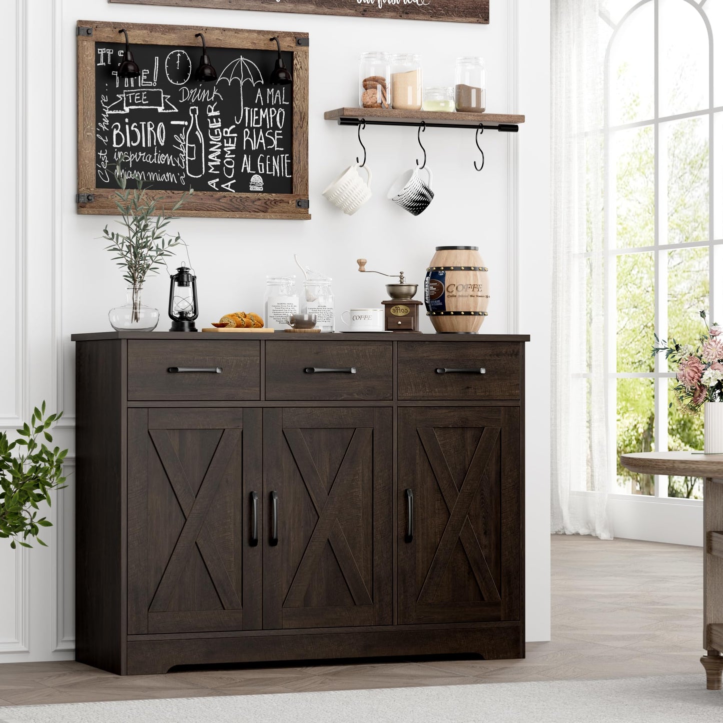 **HOSTACK Modern Farmhouse Buffet Sideboard Cabinet with Barn Doors, Drawers, and Shelves, Wood Coffee Bar Storage Cabinet for Dining Room, Kitchen, or Living Room, Dark Brown**