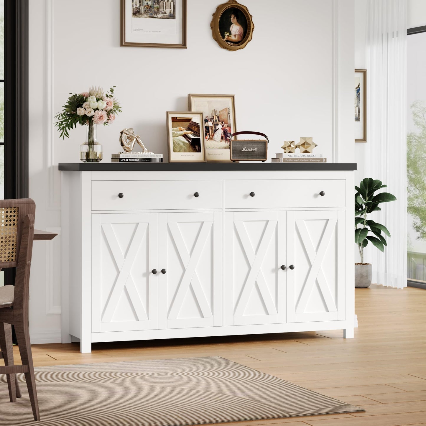 55" Large Sideboard Buffet Cabinet with 2 Drawers and 4 Doors, Wood Storage Buffet Table for Kitchen or Dining Room, White/Black