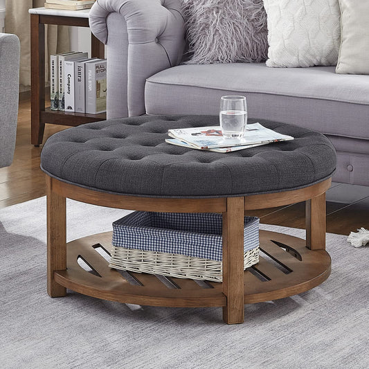 24KF Large Round Upholstered Tufted Linen Ottoman Coffee Table with Wooden Storage Shelf, Large Footrest Ottoman for Living Room, Charcoal