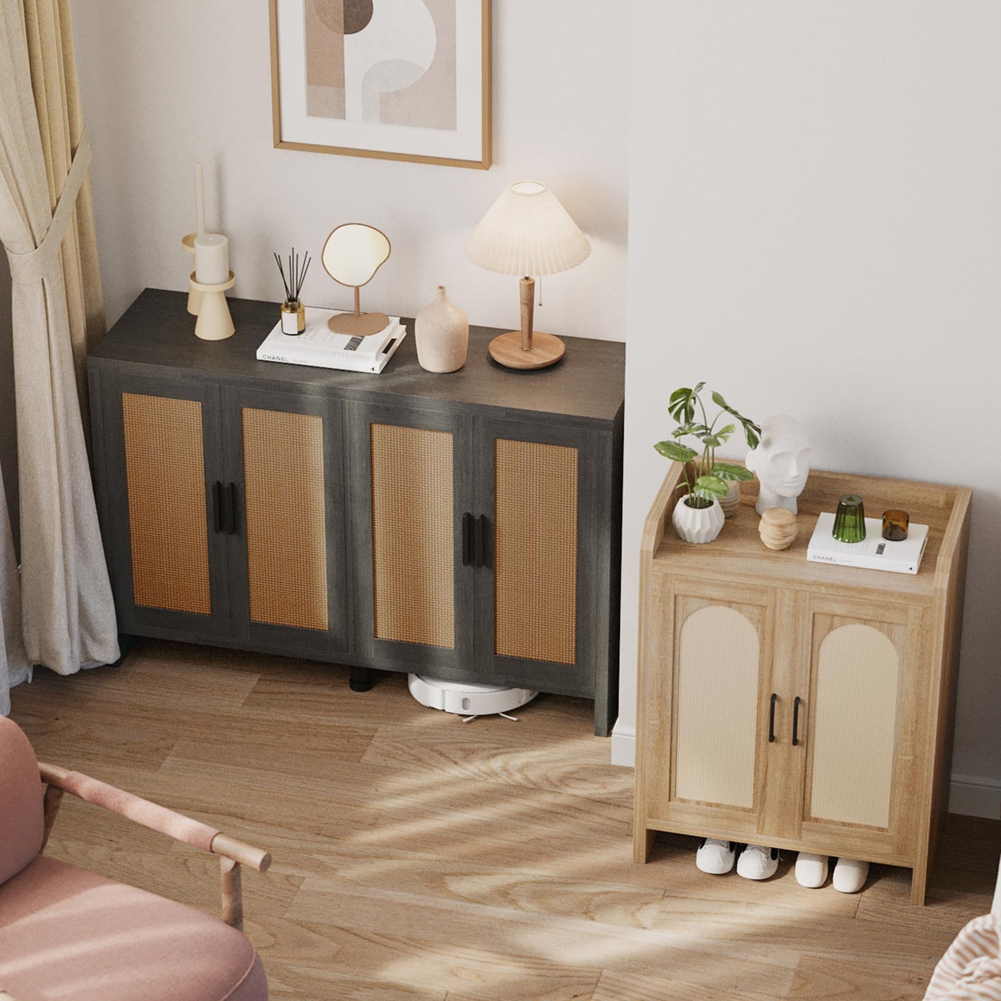 **Rattan Buffet Cabinet with Storage, Sideboard with Doors, TV Stand, Farmhouse Coffee Bar, Modern Wood Storage Cabinet for Living Room, Kitchen, or Dining Room, Black**