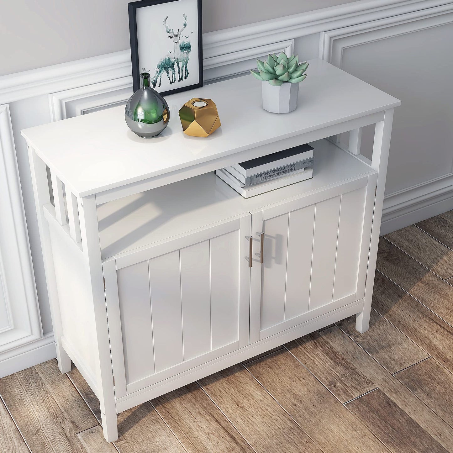 White Buffet Cabinet with 2 Doors and Adjustable Shelf, Kitchen Sideboard Storage Server or Console Table