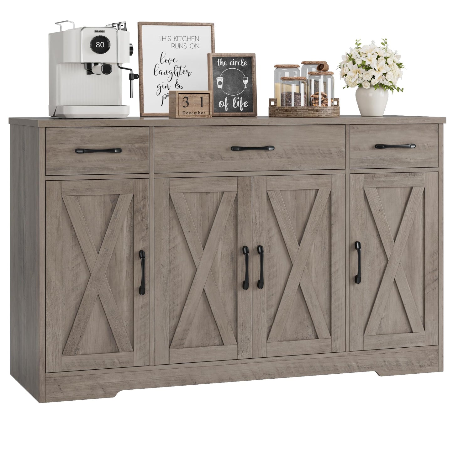 55" Large Buffet Sideboard Cabinet with Drawers, Shelves, and Doors, Modern Farmhouse Coffee Bar Station for Kitchen or Dining Room, Ash Grey