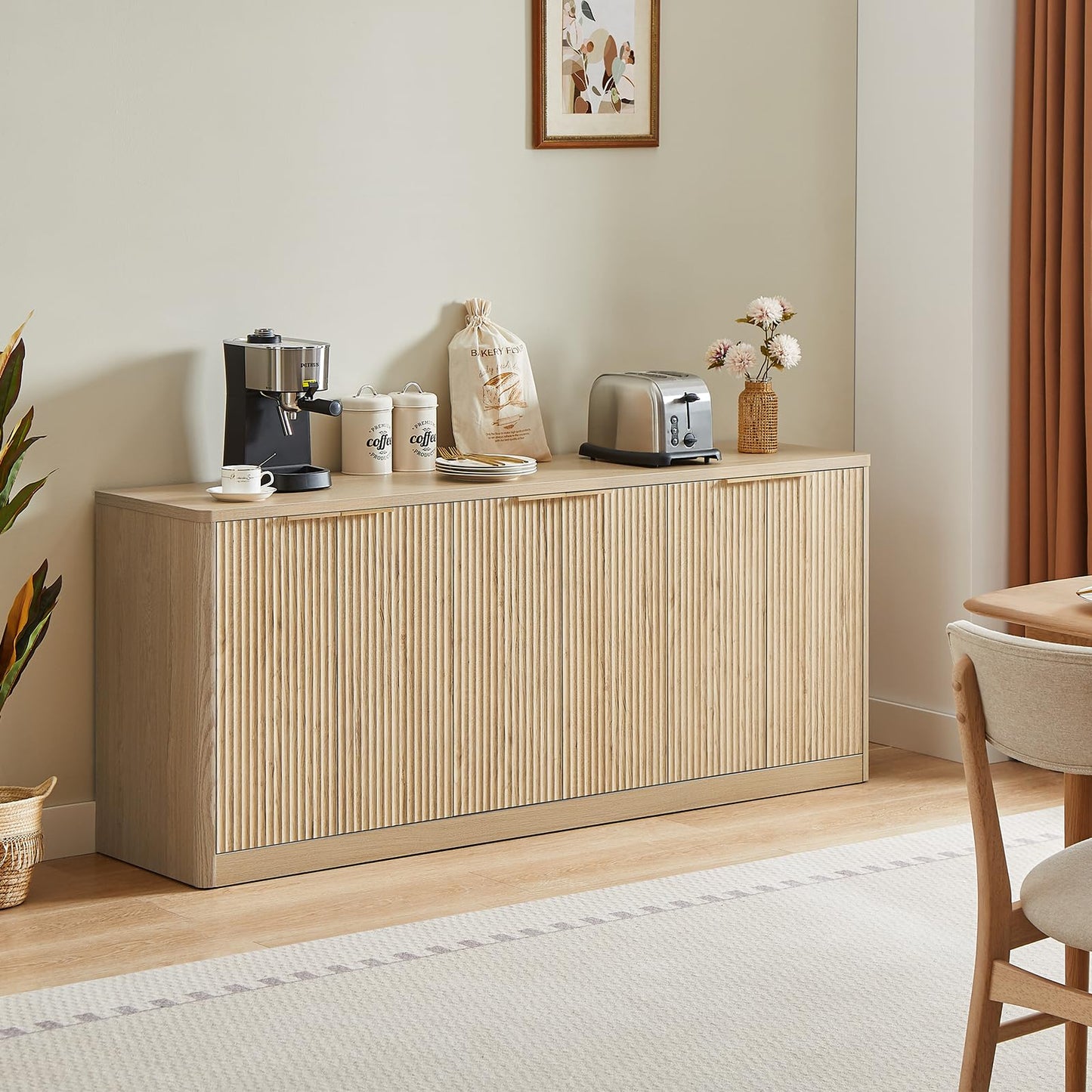 67" Fluted Oak Buffet Cabinet Sideboard with 6 Doors, Large Wood Mid-Century Modern Credenza Storage for Kitchen and Living Room