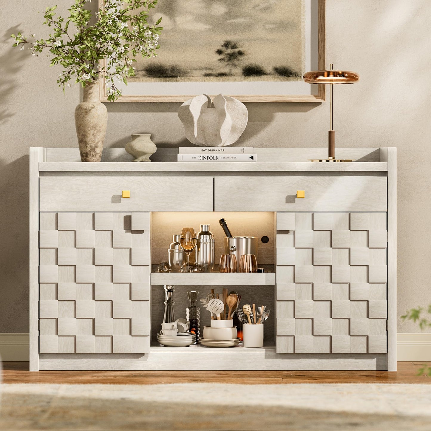 55" Fluted Sideboard Buffet Cabinet with Charging Station and LED Light, 2 Drawers, Pull-Out Shelf, and Spice Rack, Modern Kitchen Storage, White Oak