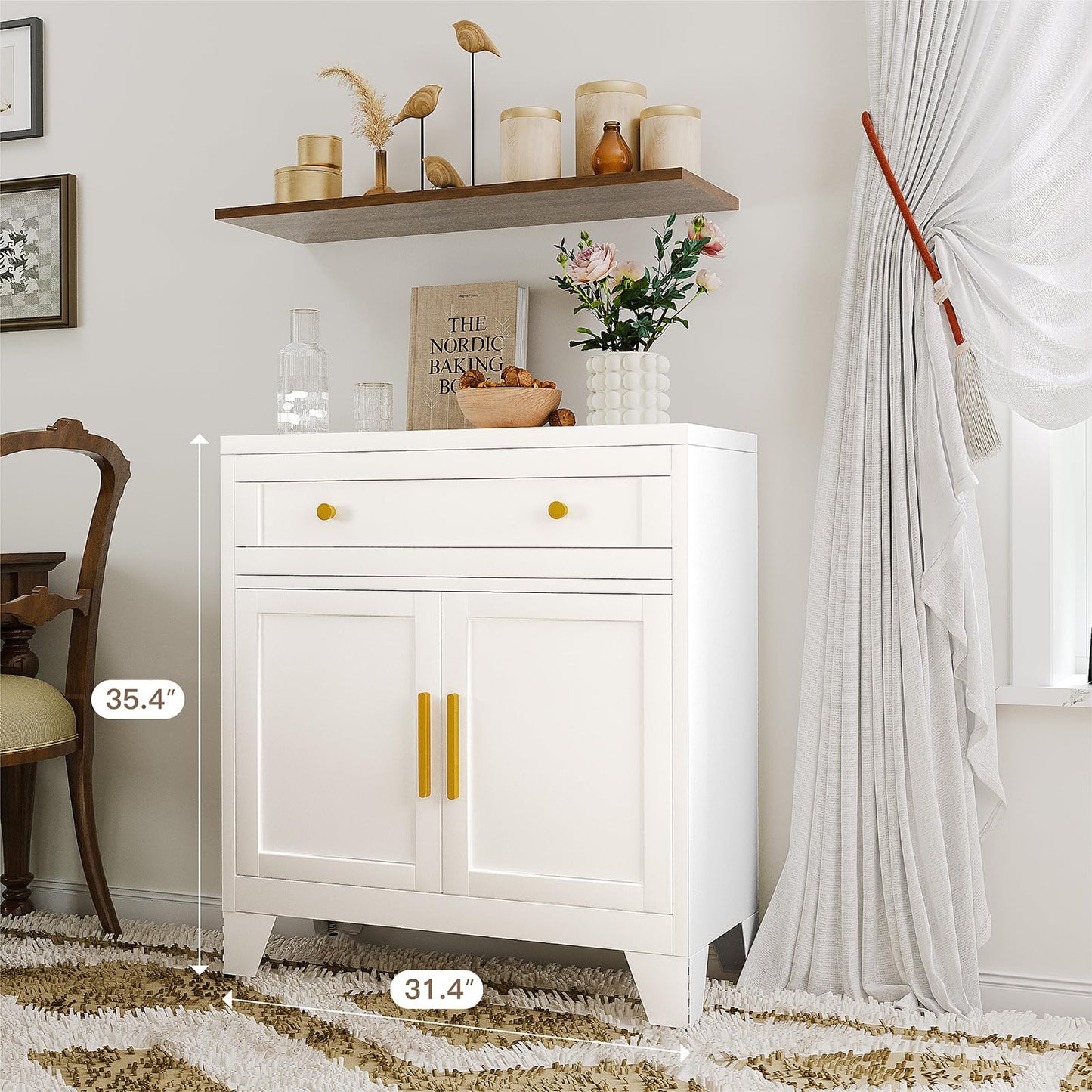 Metal Sideboard Cabinet with Large Drawers and Adjustable Shelf, Farmhouse Coffee Bar Buffet Storage for Kitchen, Dining Room, or Entryway, White