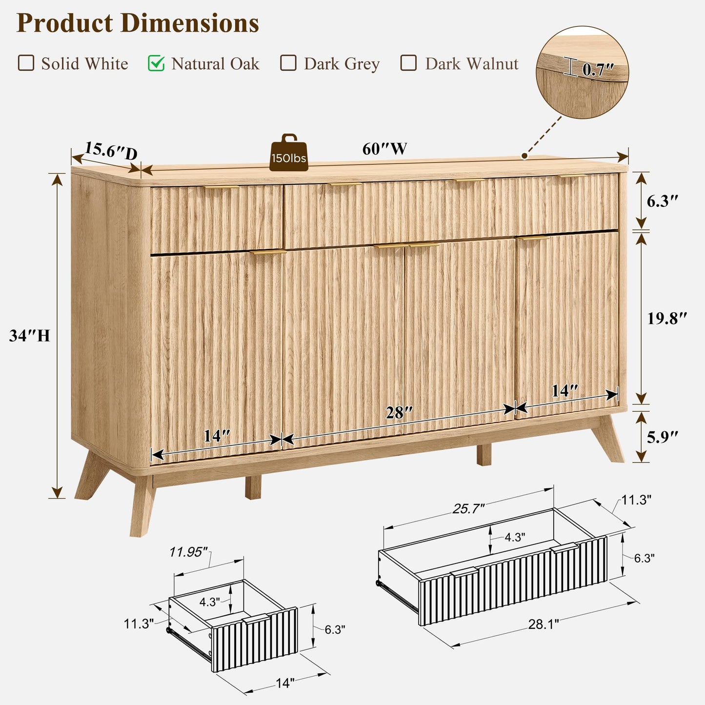 **T4TREAM 60" Fluted Modern Buffet Sideboard Cabinet with Storage, Large Buffet Table with 3 Drawers & 4 Doors for Dining Room, Living Room, or Hallway, Natural Oak**
