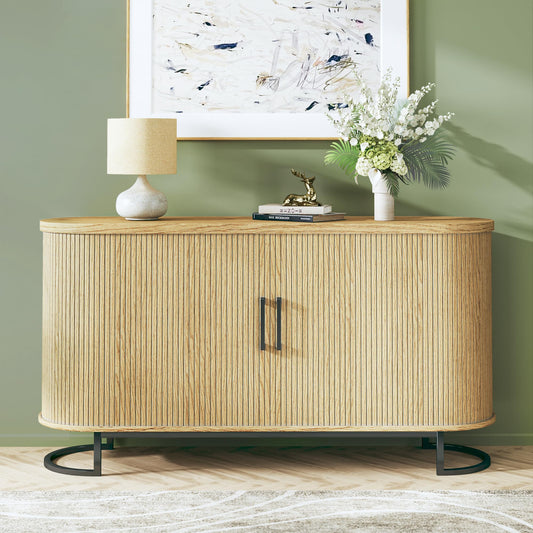 **54.3" Sideboard Buffet Cabinet with Storage, Fluted Tambour Doors, Adjustable Shelves, Mid-Century Modern Console Table for Living Room and Kitchen**