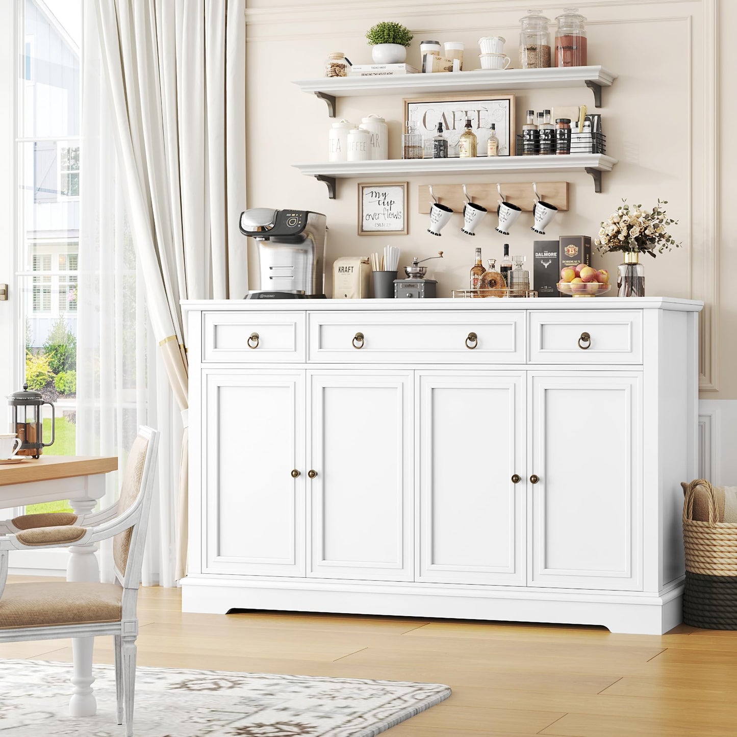 FINETONES 52.7" Large Buffet Cabinet with Storage, Modern Sideboard with 3 Drawers and 4 Doors, Wooden Coffee Bar Cabinet for Kitchen, Dining Room, or Living Room, White